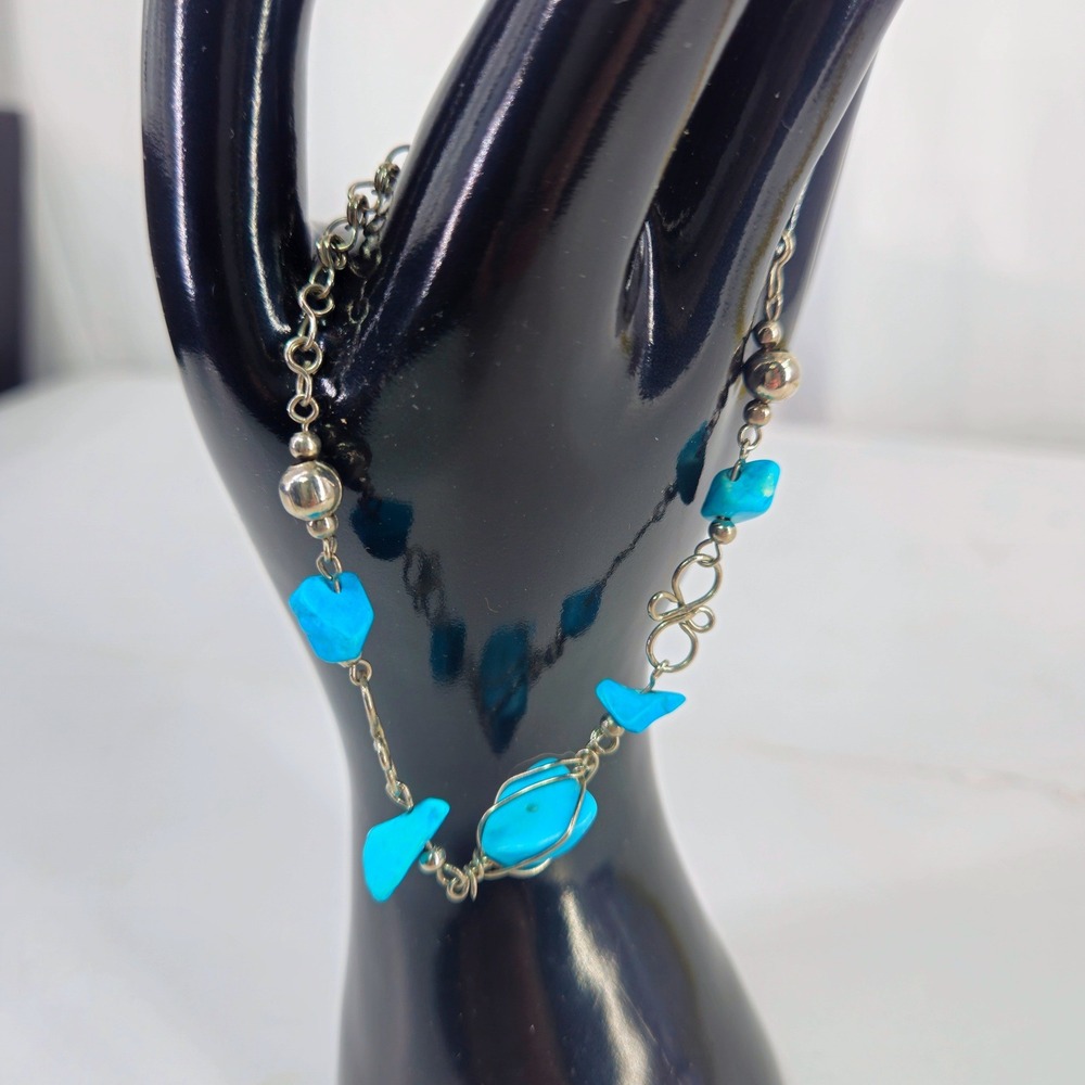 Handmade Southwestern Silver Tone Faux Turquoise Stone Wire Wrapped Bracelet 8"